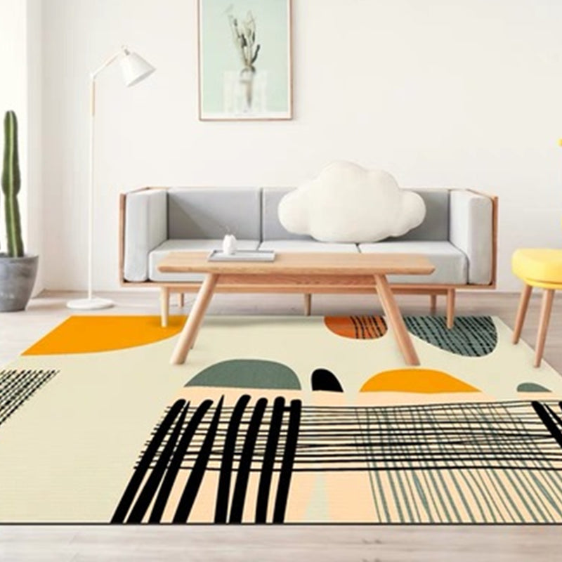 Ivory Bedroom Rug New Color Block Striped Pattern Rug Polyester Washable Area Rug