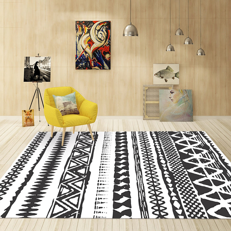 Americana Tribal Washable Rug Black and White Ethnic Geometric Rug for Living Room Stain-Resistant Polyester Rug