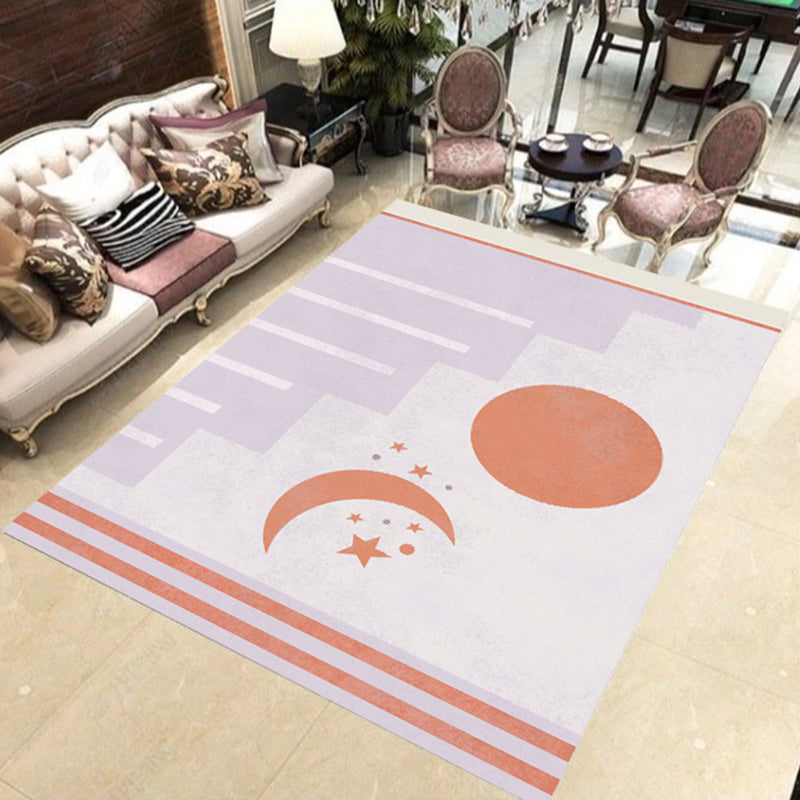 Modern Novelty Rug in Orange and Ivory Moon Sun Stripes Print Rug Polyester Washable Rug for Bedroom