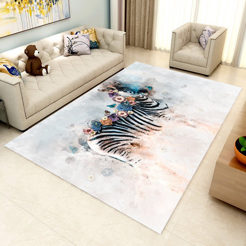 Modern zebra flower pattern carpet blue multicolor polyester rug washable non-slip backing rug for living room