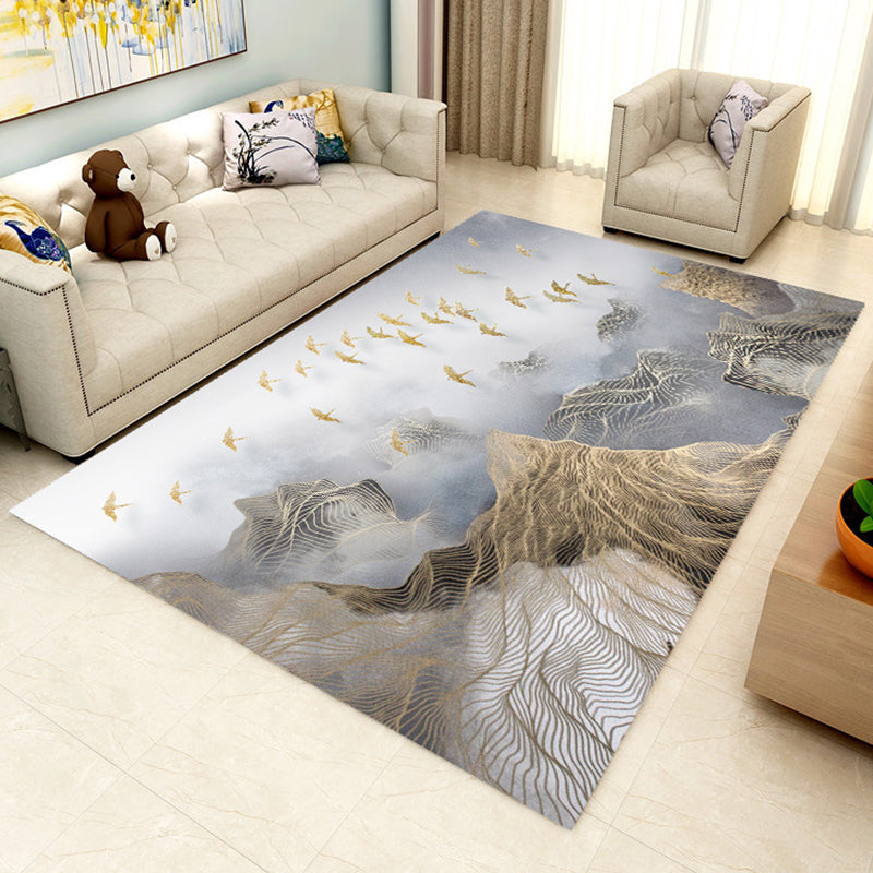 Gray and Brown Novelty Rug Polyester Mountain and Bird Pattern Rug Washable Non-Slip Back Rug for the Living Room