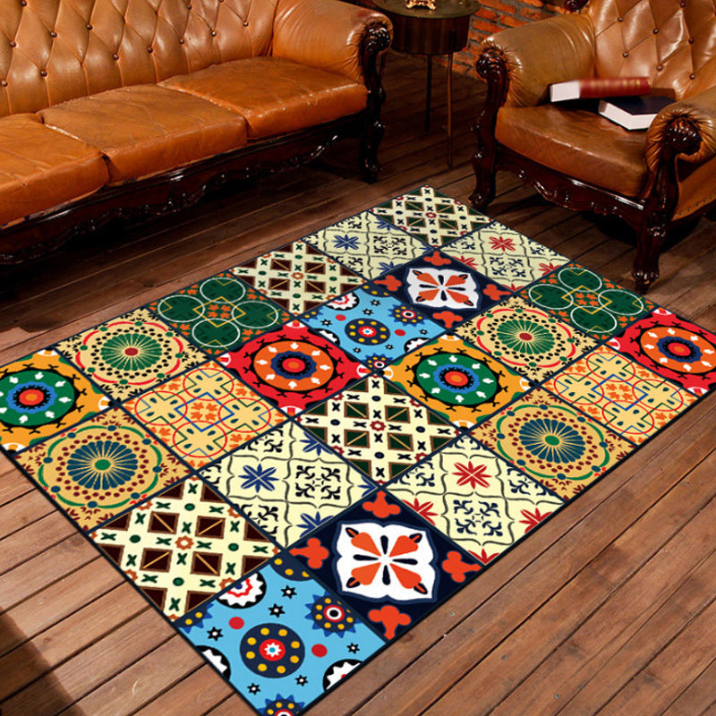 Moroccan square flower pattern rug colorful polyester rug non-slip backing rug for living room