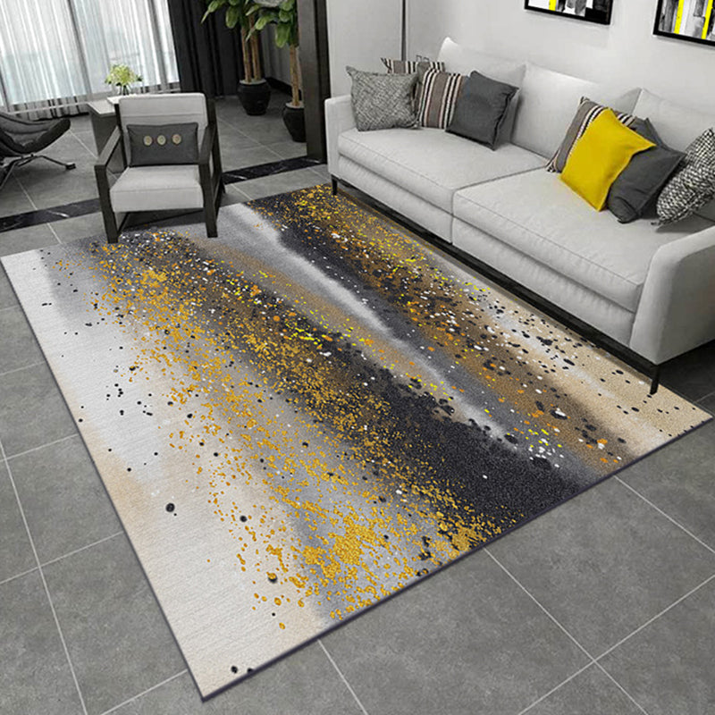 Yellow multicolored casual carpet made of polyester with abstract paint splash pattern washable rug for the living room