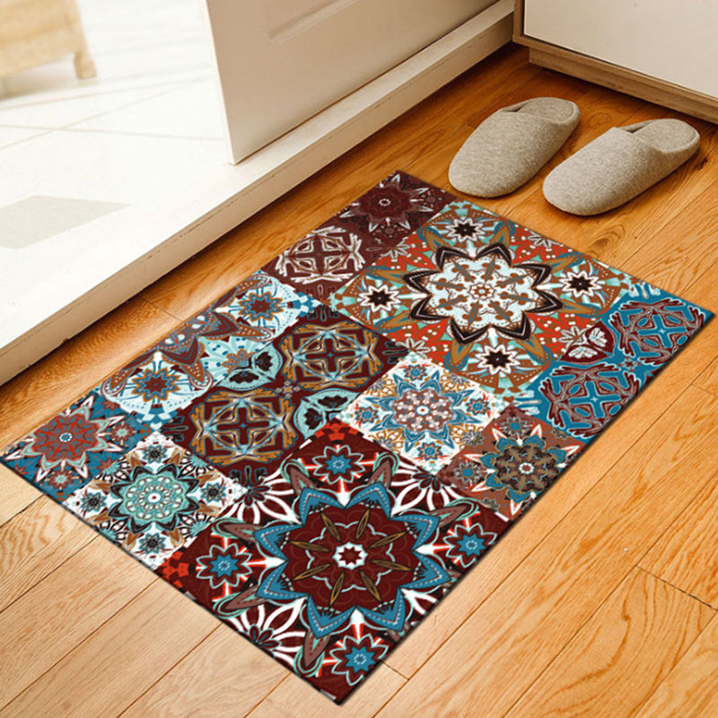 Brown Bedroom Carpet Moroccan Flower Square Printed Carpet Polyester Non-slip Back Carpet