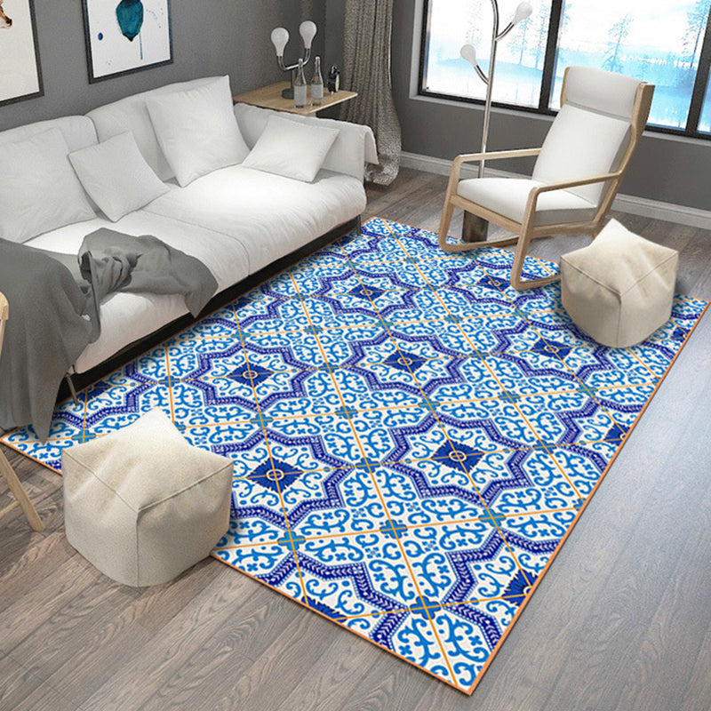 Blue Bedroom Rug Moroccan Flower Polygon Pattern Rug Polyester Machine Washable Rug