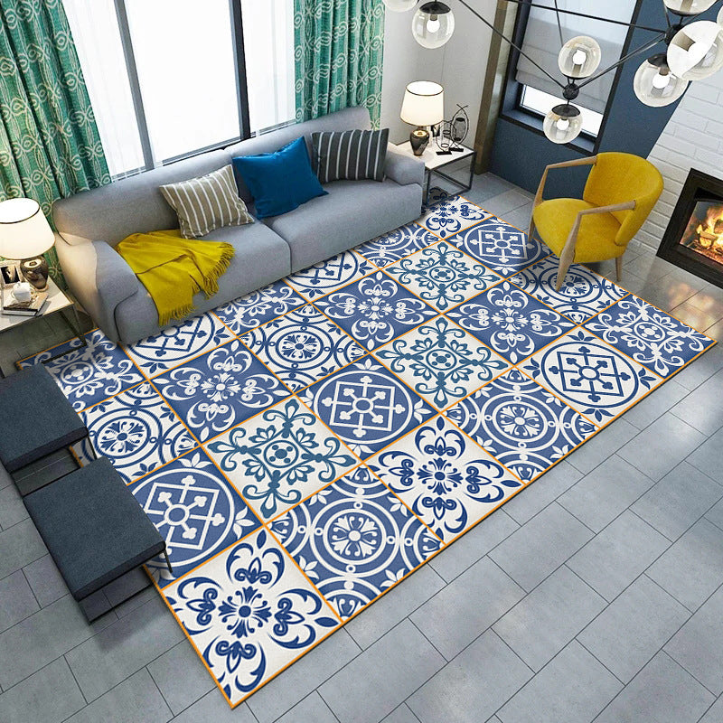 Blue and white bedroom rug Moroccan flower circle square pattern rug polyester machine washable rug