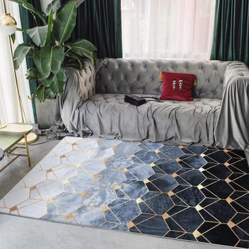 Blue Bedroom Carpet Modern Geometric Hexagonal Pattern Rug Polyester Machine Washable Rug