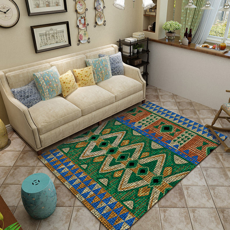 Southwest living room carpet in green triangle diamond pattern carpet polyester stain-resistant area carpet
