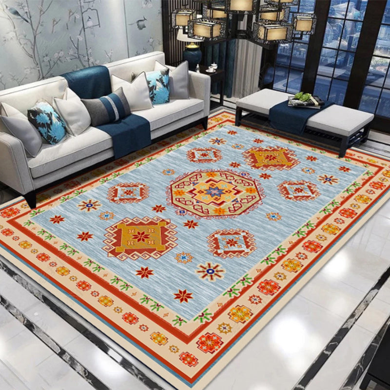 Moroccan Living Room Carpet in Blue and Red Medallion Flower Pattern Carpet Polyester Machine Washable Carpet