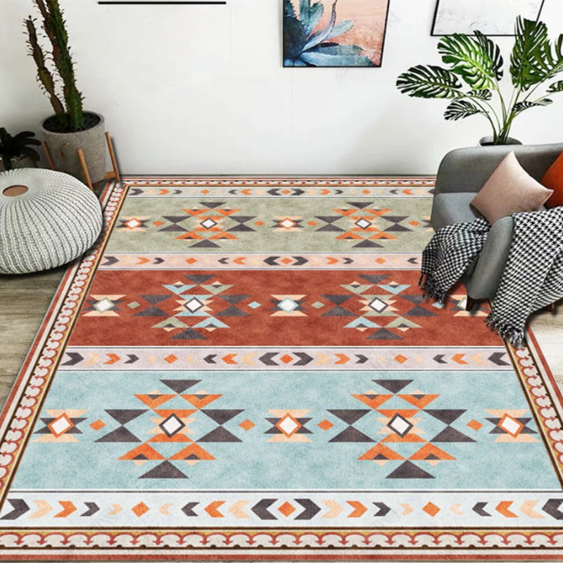 Blue and Red Bedroom Carpet Moroccan Medallion Triangle Stripes Pattern Area Rug Polyester Non-Slip Rug