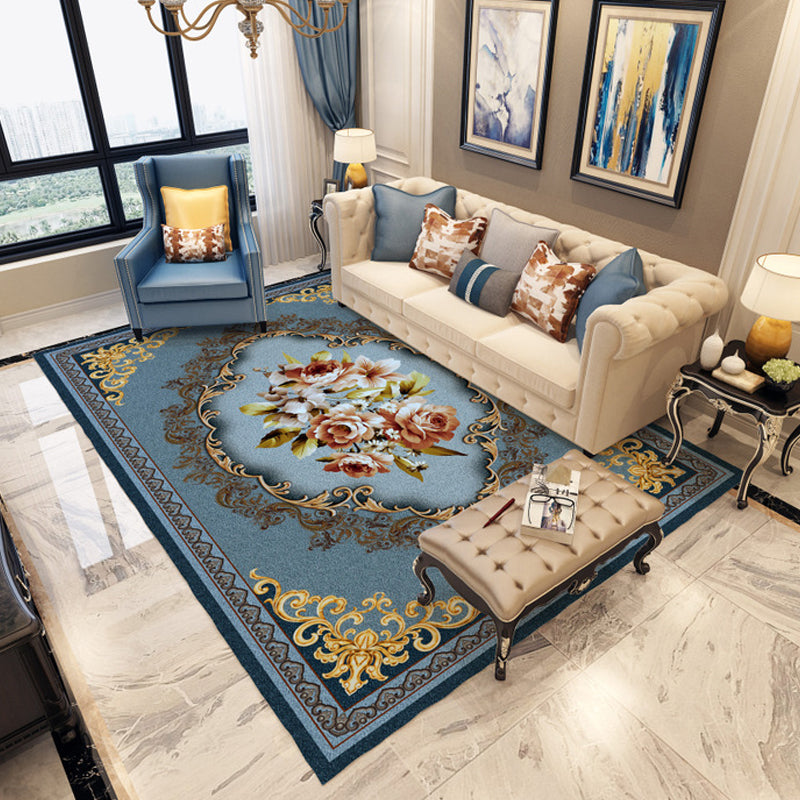 Persian Moroccan carpet in blue and red medallion floral pattern carpet made of polyester washable carpet for home decor
