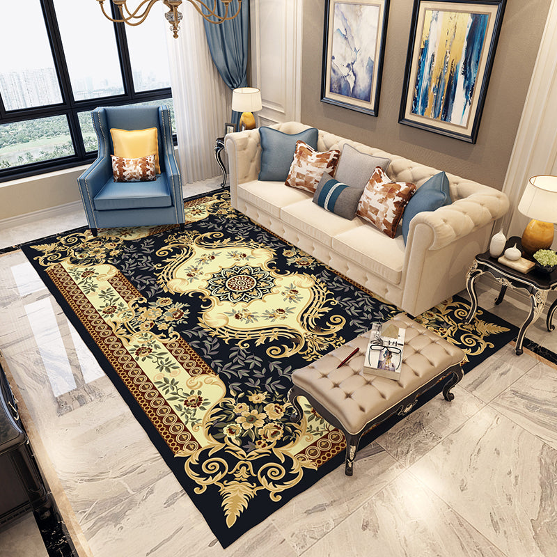 Moroccan Living Room Carpet in Blue and Red Medallion Flower Pattern Carpet Polyester Machine Washable Carpet