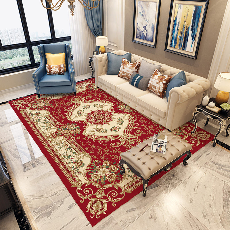 Moroccan Living Room Carpet in Blue and Red Medallion Flower Pattern Carpet Polyester Machine Washable Carpet