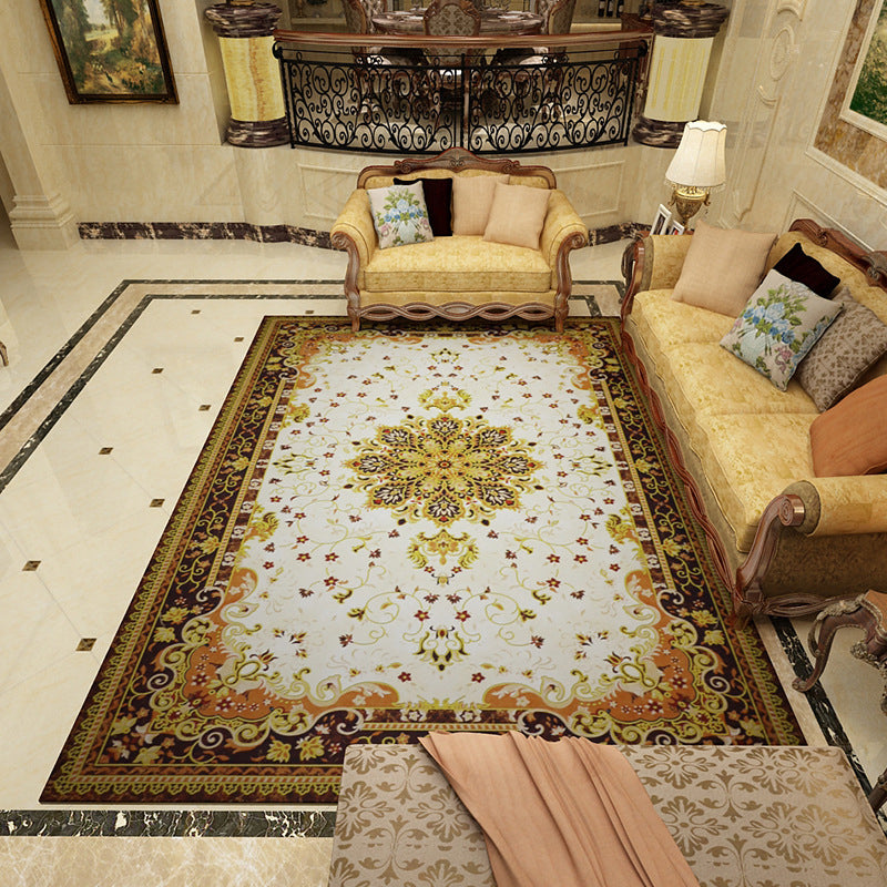 Mediterranean Moroccan Rug in Black and White Medallion Floral Pattern Rug Polyester Washable Rug for Home Decor