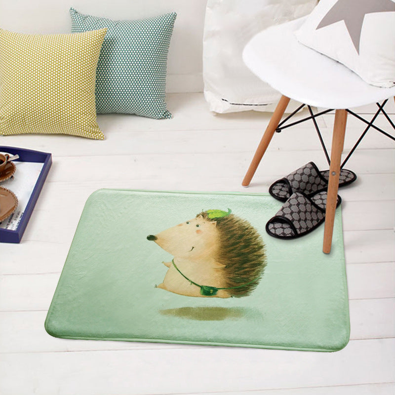 Green and White Children's Room Carpet Kids Animal Peek Hedgehog Pig Fox Pattern Rug Polyester Non-Slip Underlay Carpet