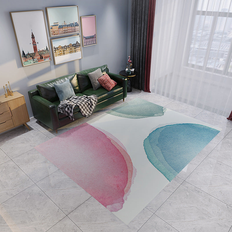 Stylish watercolor pattern rug blue and pink modern rug flannel pet-friendly washable rug for the living room