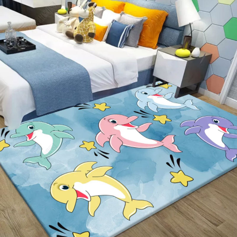 Multicolor Dolphin Pattern Rug with Star Polyester Kids Rug Washable Non-Slip Pet-Friendly Area Rug for Bedroom