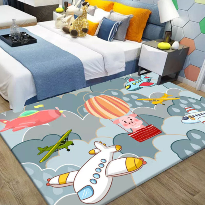 Beautiful blue children's carpet Polyester airplanes and balloon pattern carpet washable pet-friendly non-slip carpet for the children's room