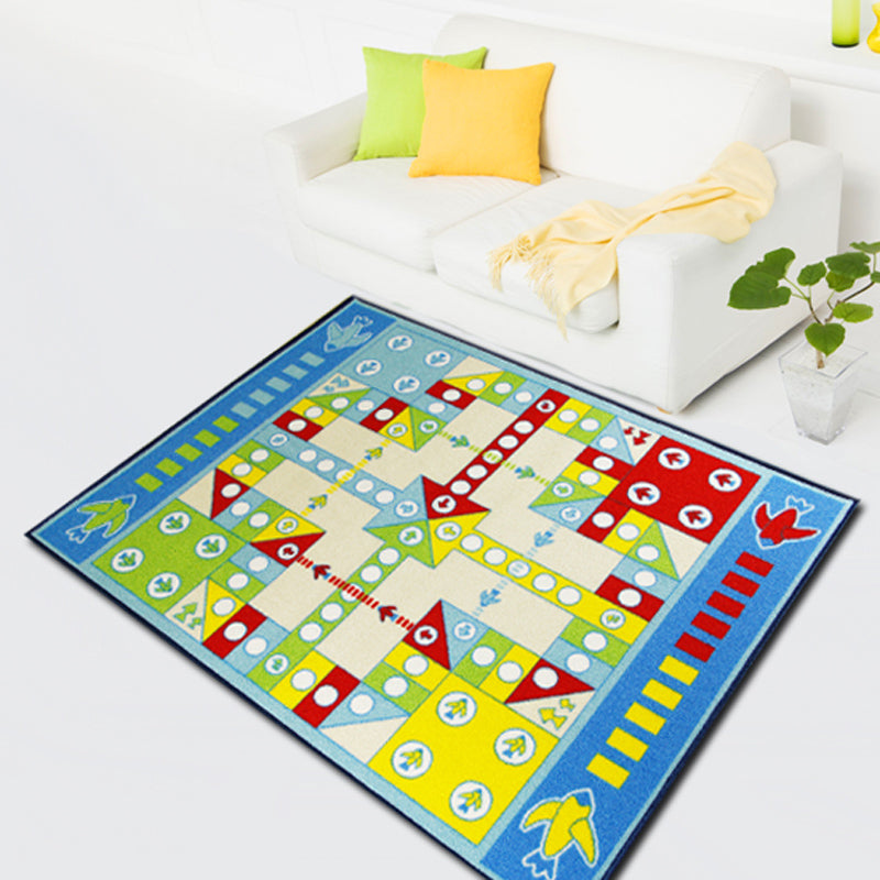 Blue Children's Room Carpet Kids Chessboard Pattern Carpet Polyester Washable Non-Slip Backing Pet-Friendly Carpet