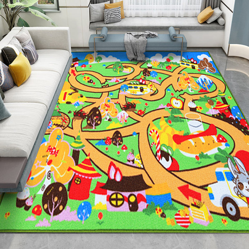 Kids Maze Pattern Rug Green Polyester Rug Non-Slip Pet-Friendly Washable Rug for Kids Room