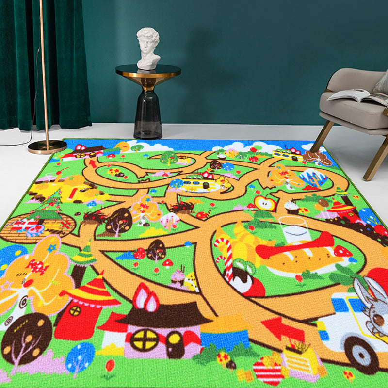 Kids Maze Pattern Rug Green Polyester Rug Non-Slip Pet-Friendly Washable Rug for Kids Room