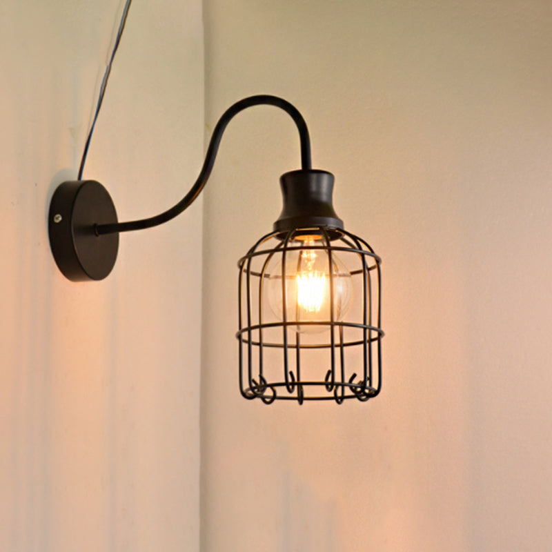 Metal Birdcage Wall Mount Lighting with Gooseneck Arm Vintage 1 Main Wall Lamp Sconces in Black