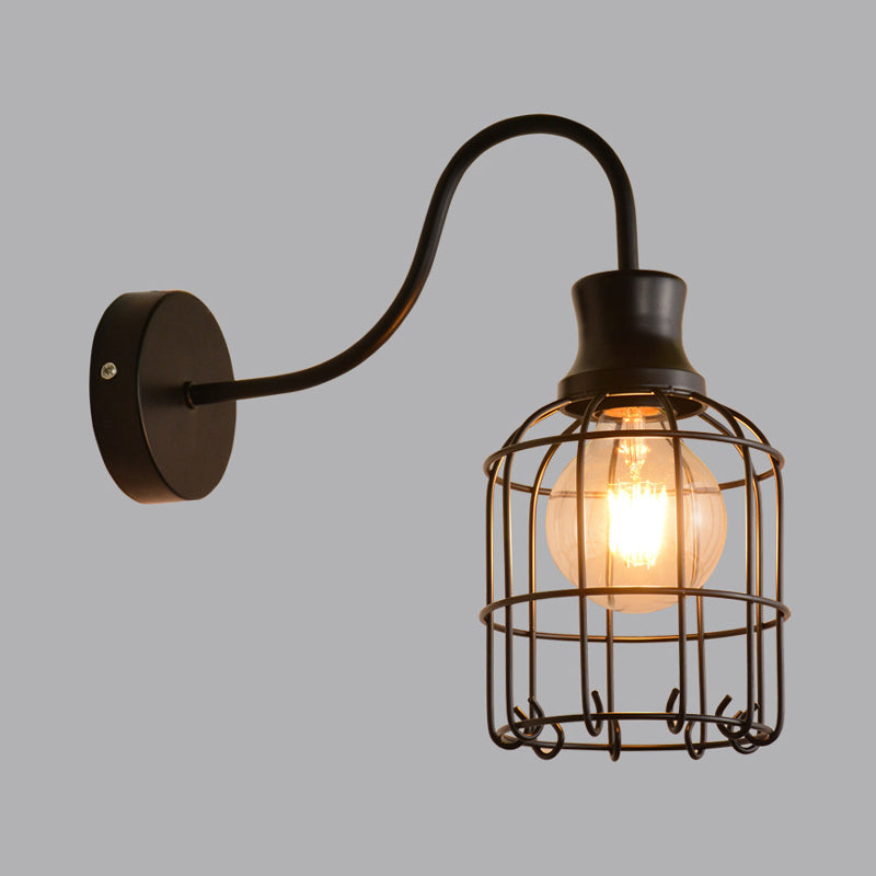 Metal Birdcage Wall Mount Lighting with Gooseneck Arm Vintage 1 Main Wall Lamp Sconces in Black