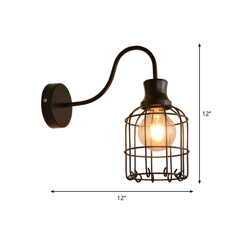 Metal Birdcage Wall Mount Lighting with Gooseneck Arm Vintage 1 Main Wall Lamp Sconces in Black