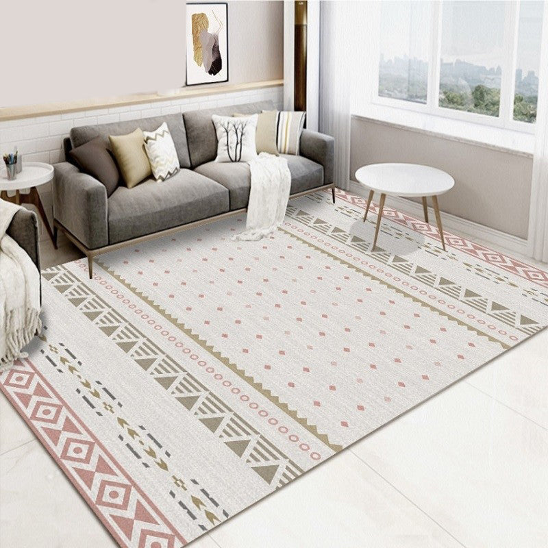 Pink Bohemian Indoor Base Plate Geometric Polka Dots Area Rug Polyester Pet Friendly Stain Resistant Washable Rug