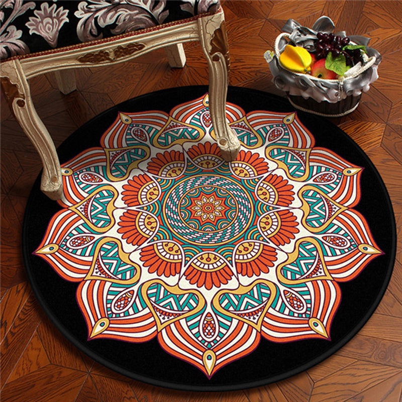 American Southwestern Flower Carpet Orange and Red Polyester Rug Washable Living Room Carpet for Bedroom