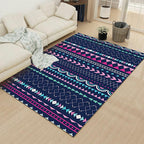 Striped geometric rug with diamond pattern and diamond polyester pet friendly stain resistant indoor mat in blue and purple