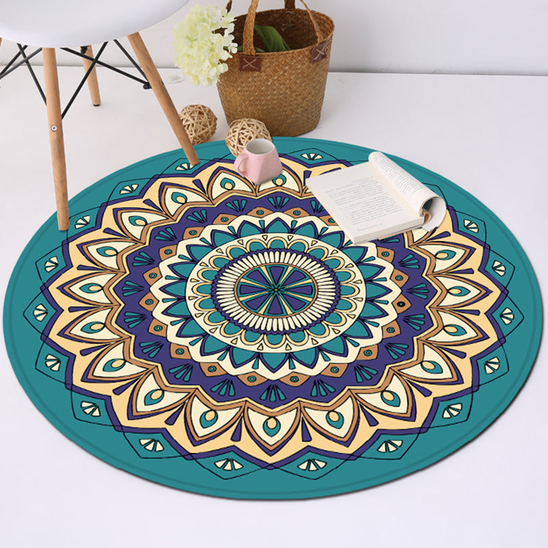 Tribal Southwest Rug Blue Polyester Rug Non-slip Back Rug for Bedroom