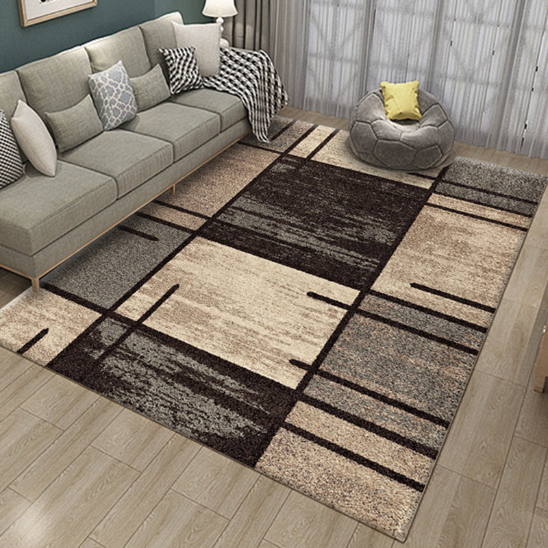 Brown Bedroom Rug Novelty Geometry Rectangle Check Stripe Print Rug Polyester Washable Area Rug