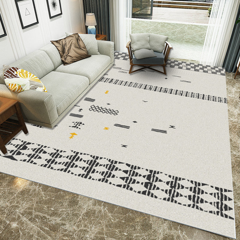 Casual Novelty Rug in Ivory Geometry Diamond Stripes Print Rug Polyester Washable Rug for Living Room