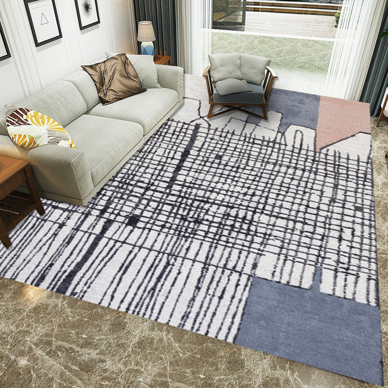 Simple Novelty Carpet in White Stripes Geometric Print Area Rug Polyester Washable Carpet for Bedroom