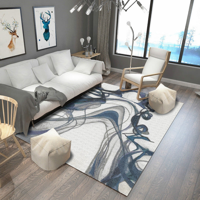 Modern abstract patterned rug White and Blue Polyester rug Washable Non-slip backing rug for bedroom