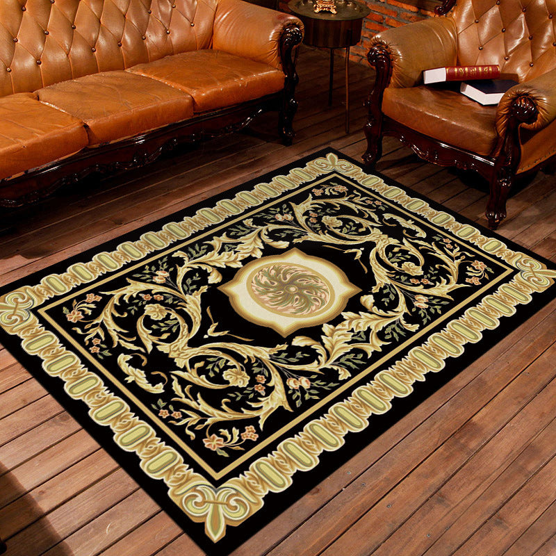 Moroccan living room rug in black and yellow with floral leaf pattern print rug polyester area rug