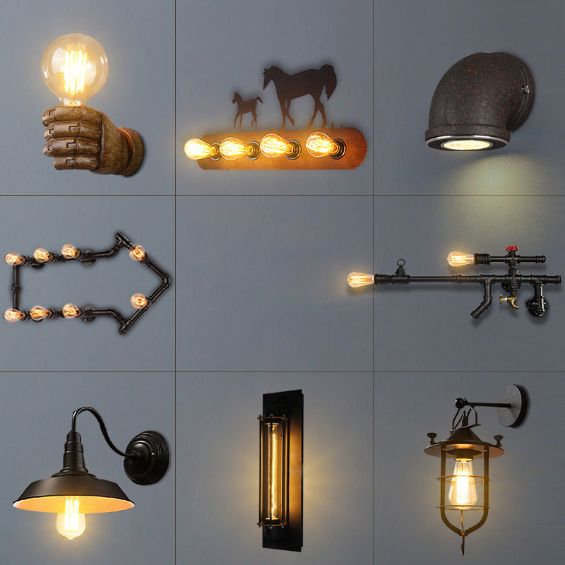 Iron Black Surface Wall Sconce Water Pipe/Cage/Fist-shaped 1-Bulb Industrial Style Wall Mounted Light Fixture