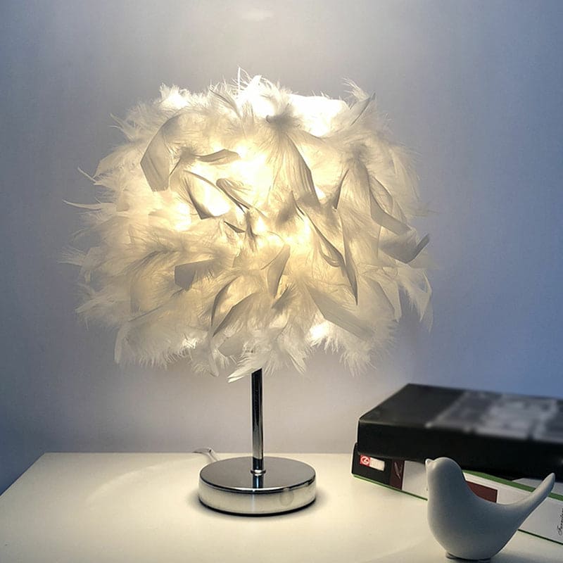 Round feather lamp - decorative table lamp for living room, bedside & battery, dimmable, wireless