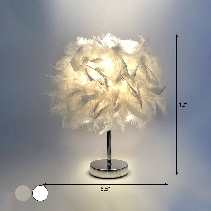 Round feather lamp - decorative table lamp for living room, bedside & battery, dimmable, wireless