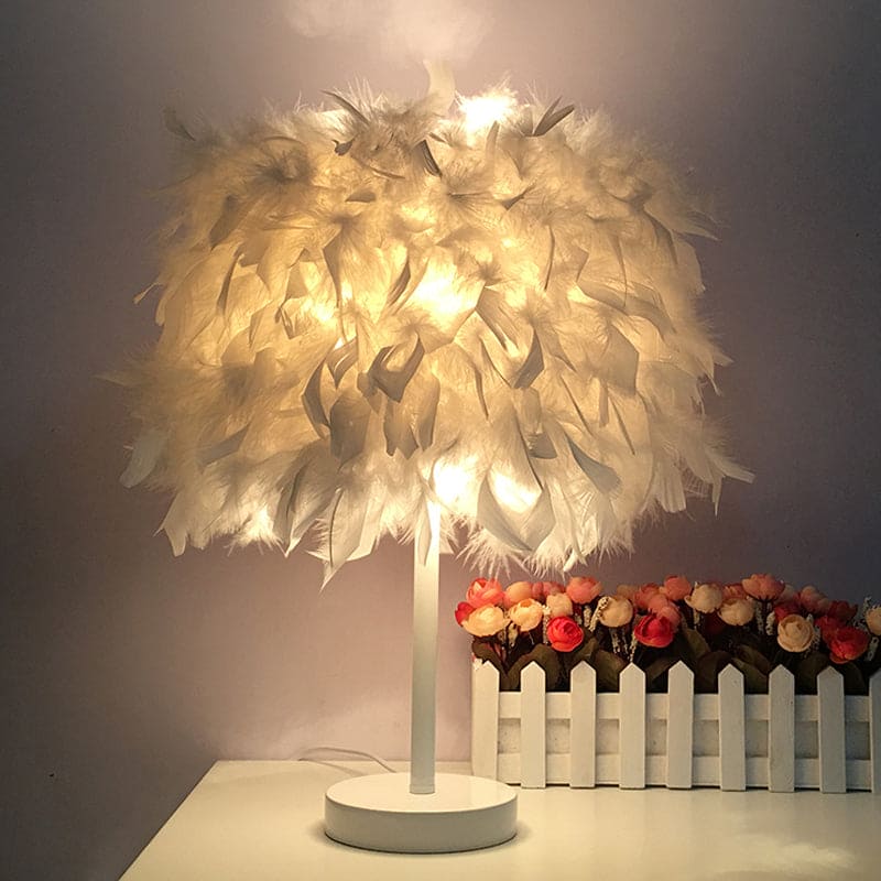 Round feather lamp - decorative table lamp for living room, bedside & battery, dimmable, wireless