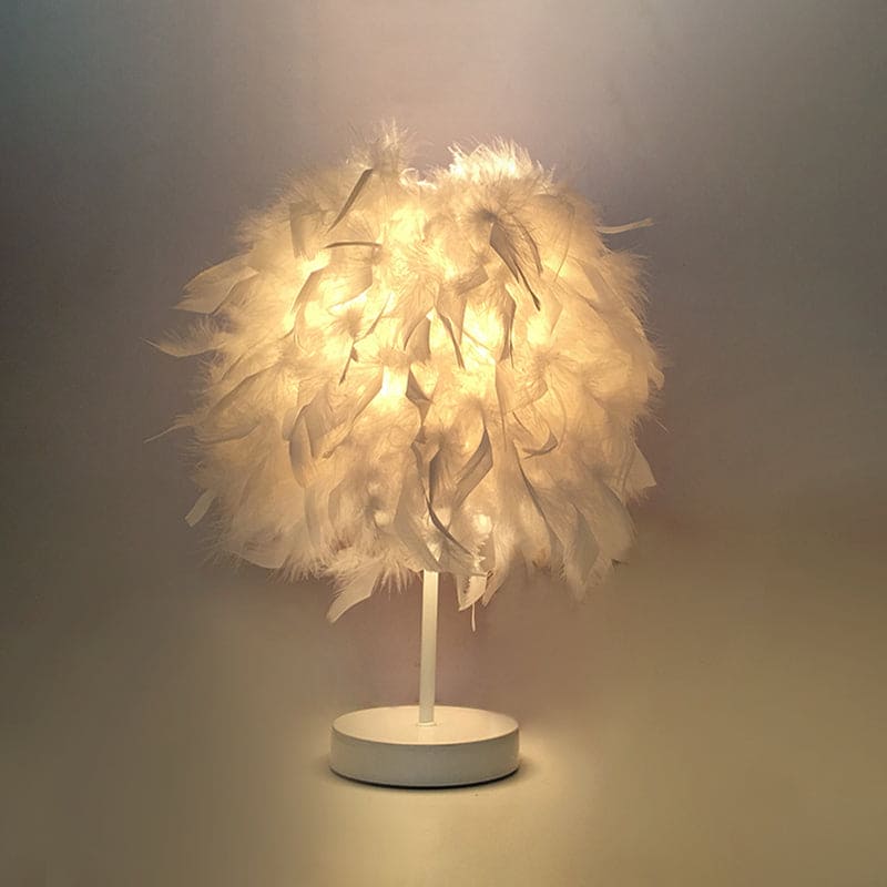 Round feather lamp - decorative table lamp for living room, bedside & battery, dimmable, wireless
