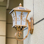 Frosted Glass Curved Lantern Wall Light Traditional Terrace Small/Large Solar LED Wall Lamp in Black/Brass