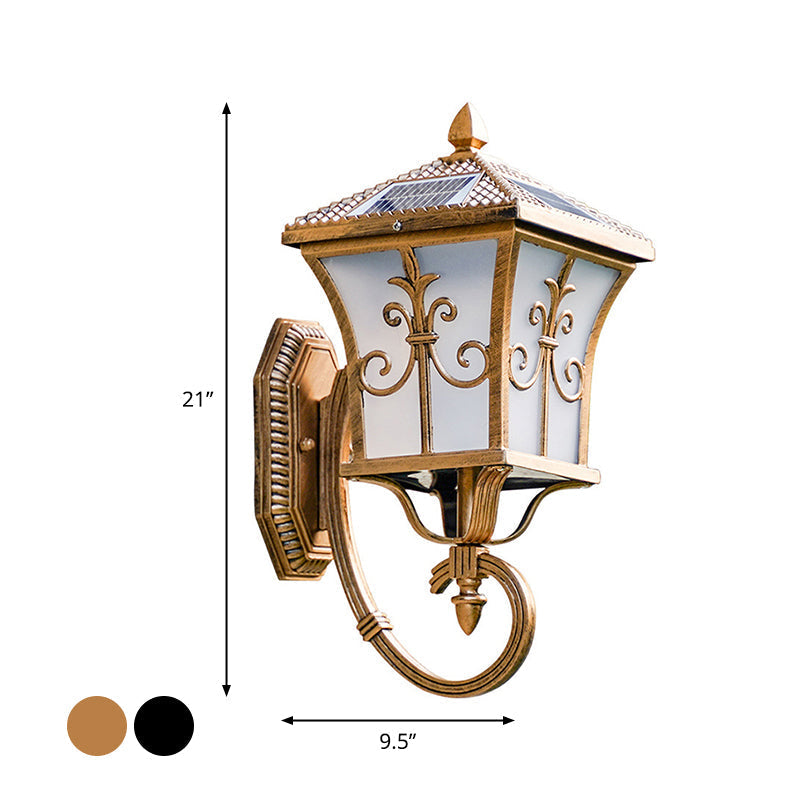 Frosted Glass Curved Lantern Wall Light Traditional Terrace Small/Large Solar LED Wall Lamp in Black/Brass