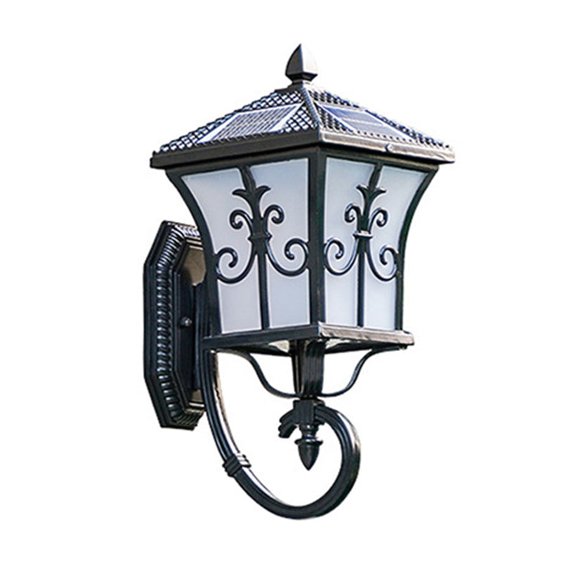 Frosted Glass Curved Lantern Wall Light Traditional Terrace Small/Large Solar LED Wall Lamp in Black/Brass
