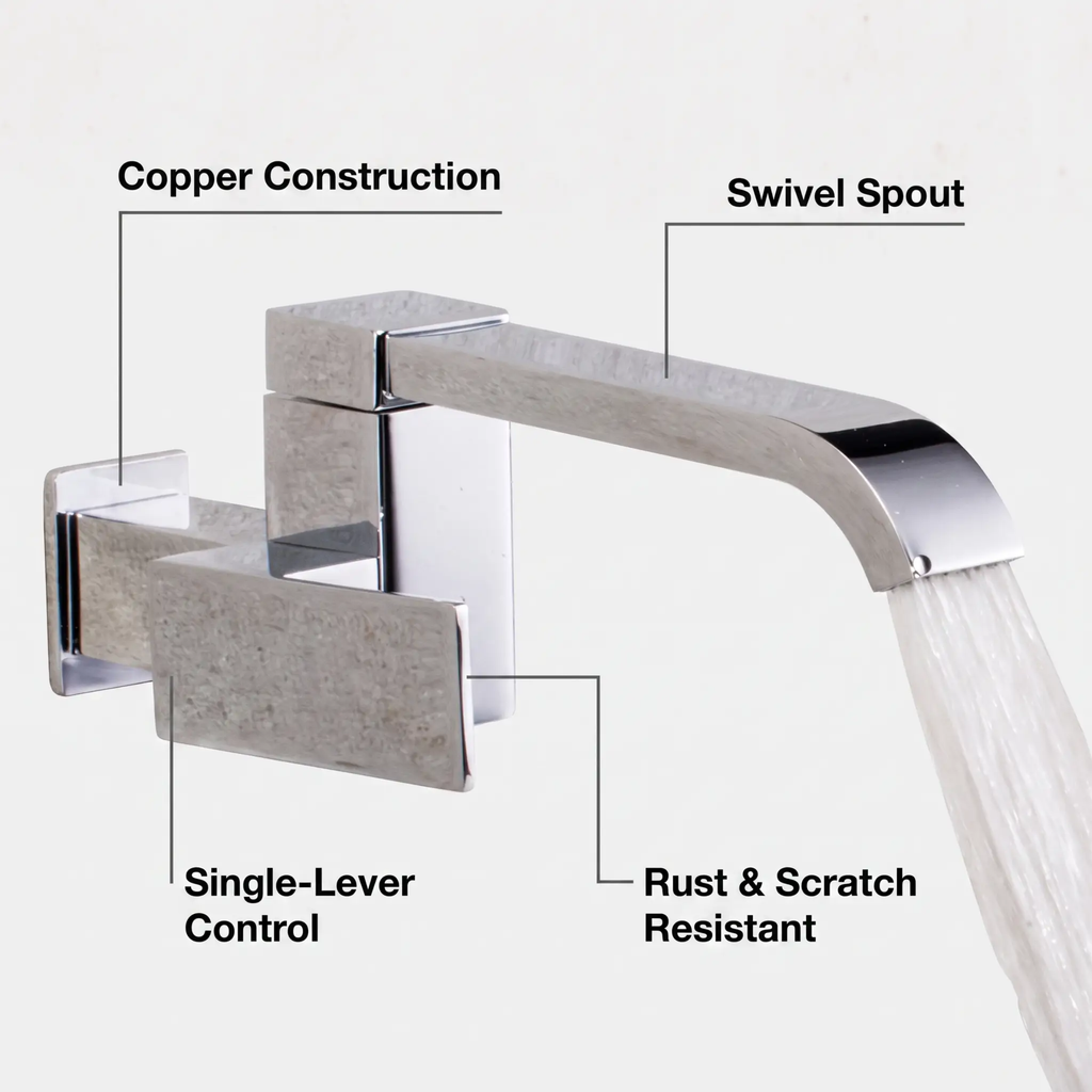 Contemporary Wall Mounted Bathroom Faucet Lever Handles Low Arc Swivel Brass Faucet