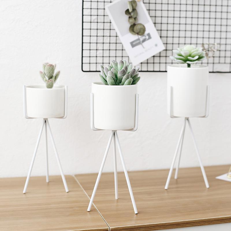 White Ceramic Planter with Metal Stand