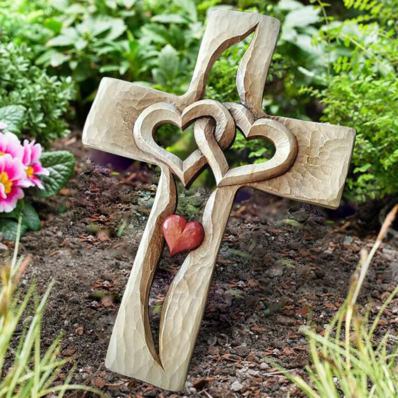 Hand-carved wooden cross - Intertwined hearts