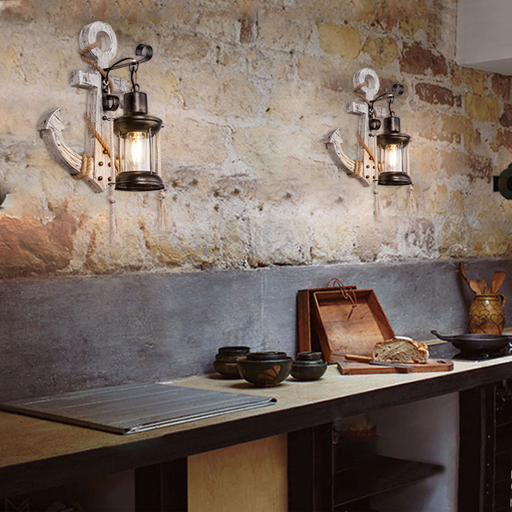 Rustic Wood Anchor Wall Lamp with Lantern