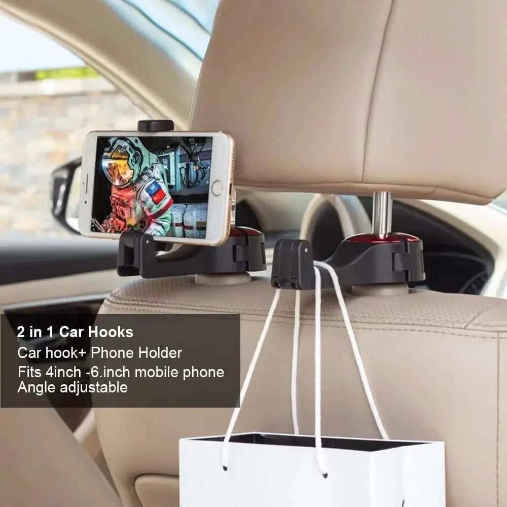 2-in-1 Car Headrest Hooks – Holds Bags & Serves as Smartphone Holder